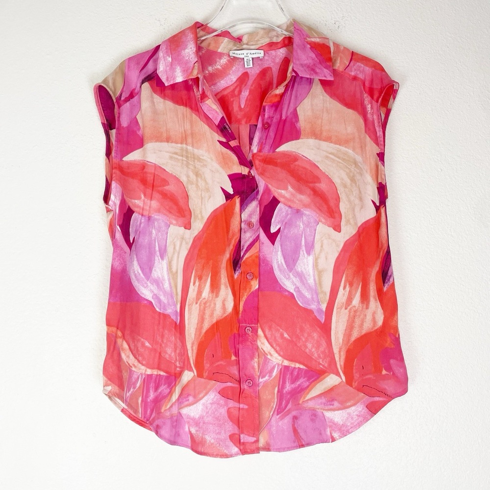 MAISON D'AMELIE Button Down Floral Printed Blouse Size‎ Small Pink Multicolor